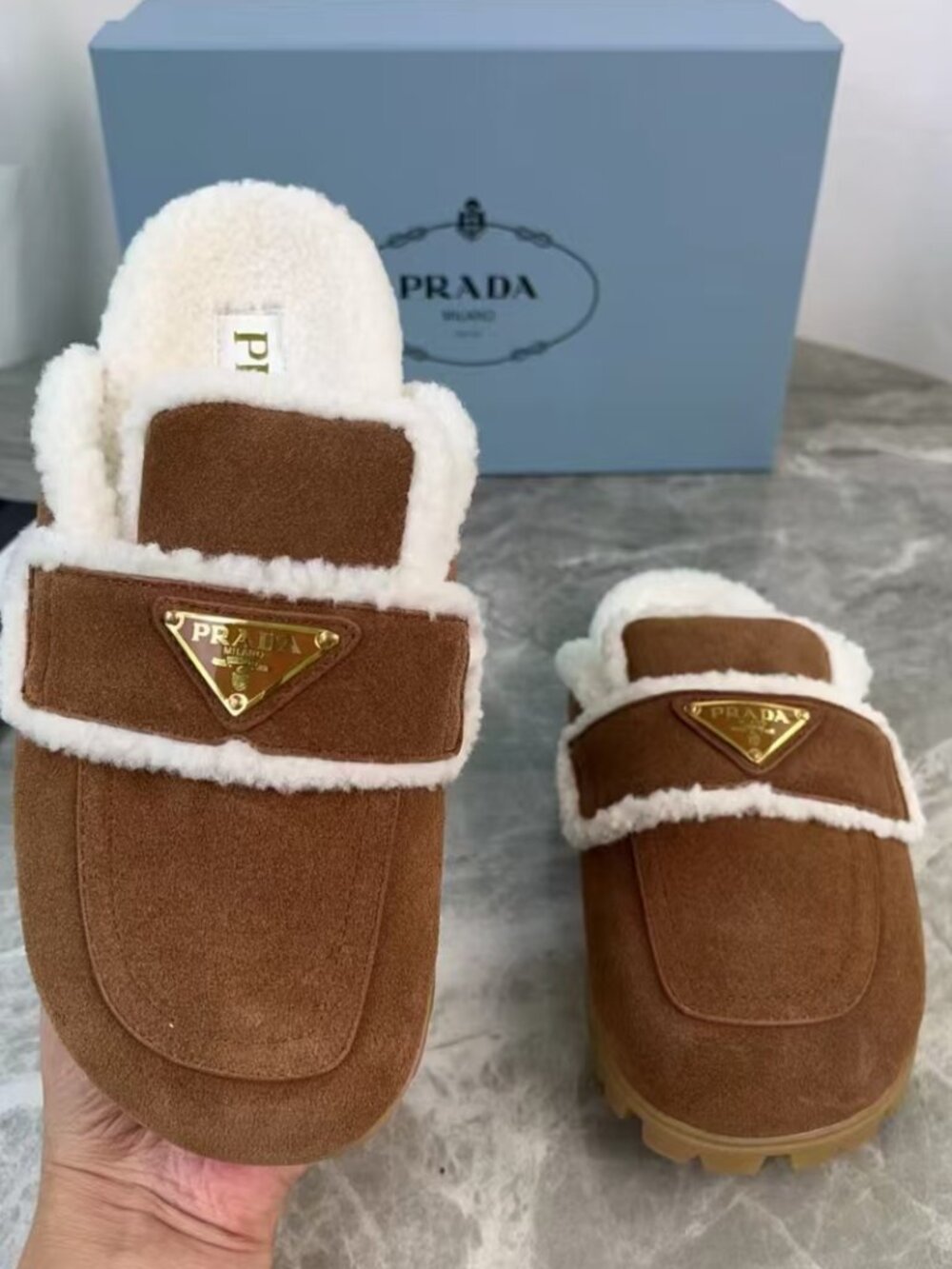 Prada Brown Slip-On Shearling Mules